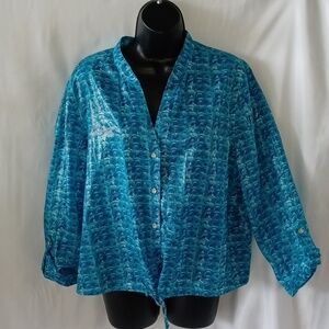Heart of Palms Abstract Turquoise Top or jacket,  button & waist tie, shiny